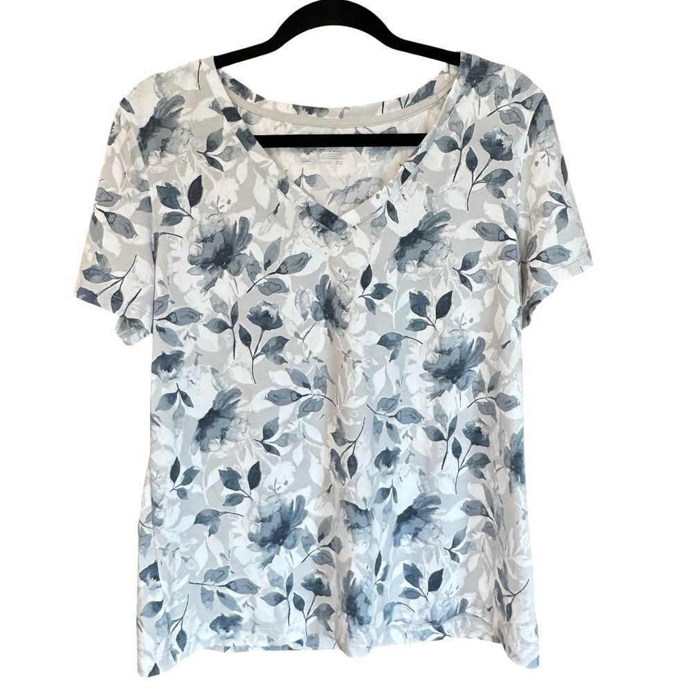 Jockey Women's Short Sleeve Floral Tee / Top White/Blue/Gray Large